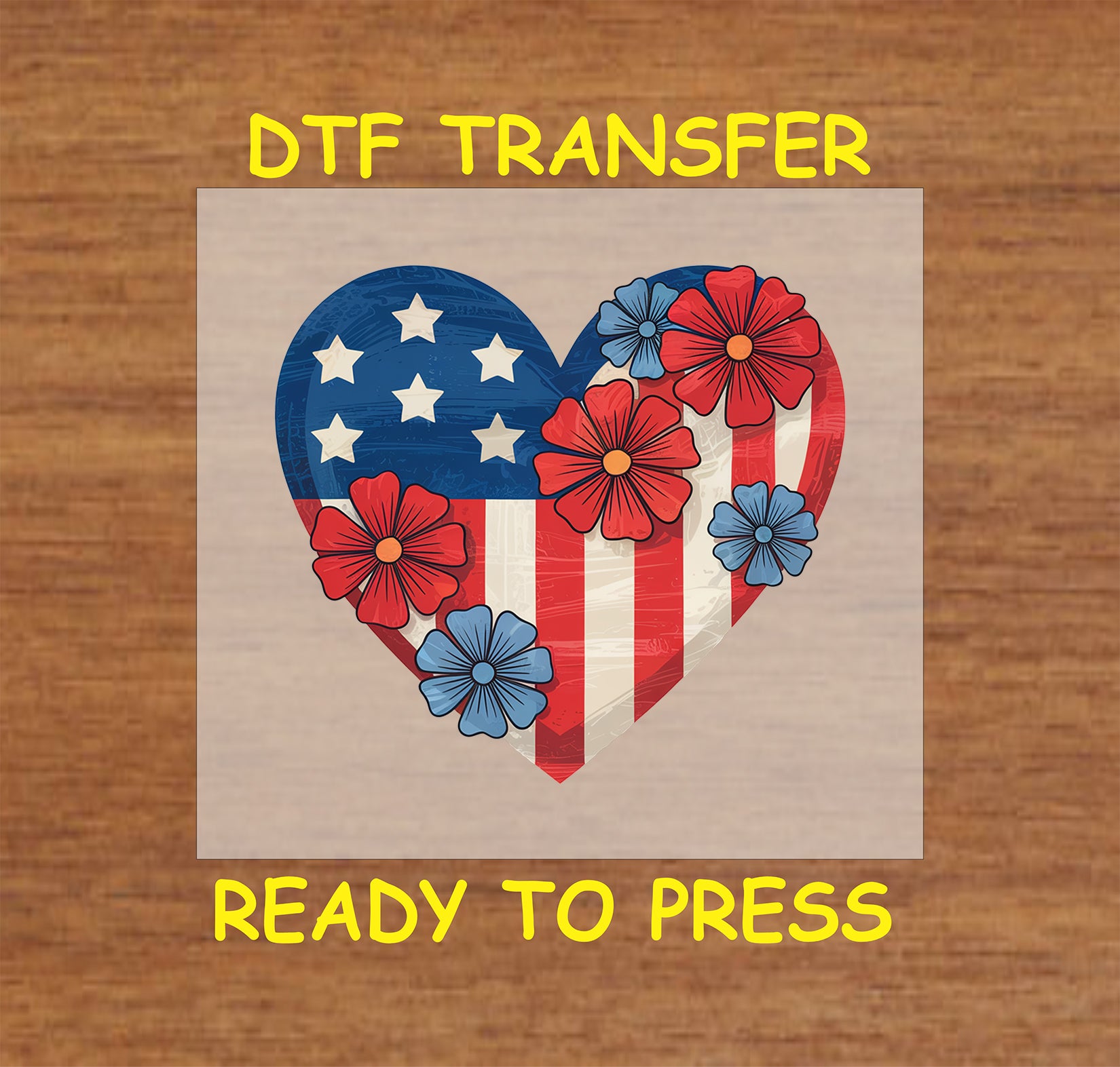 American flag heart with red and blue flowers.