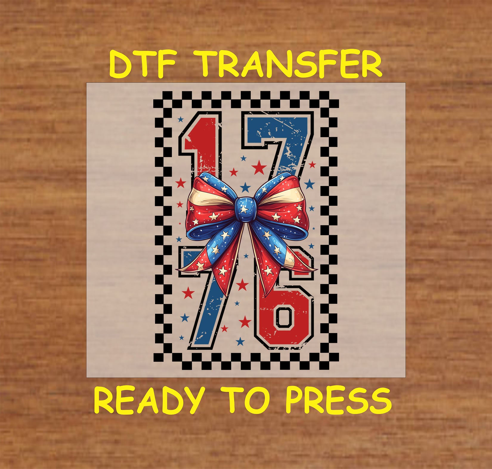 1776 with red white blue bow, checkered border, and star accents.