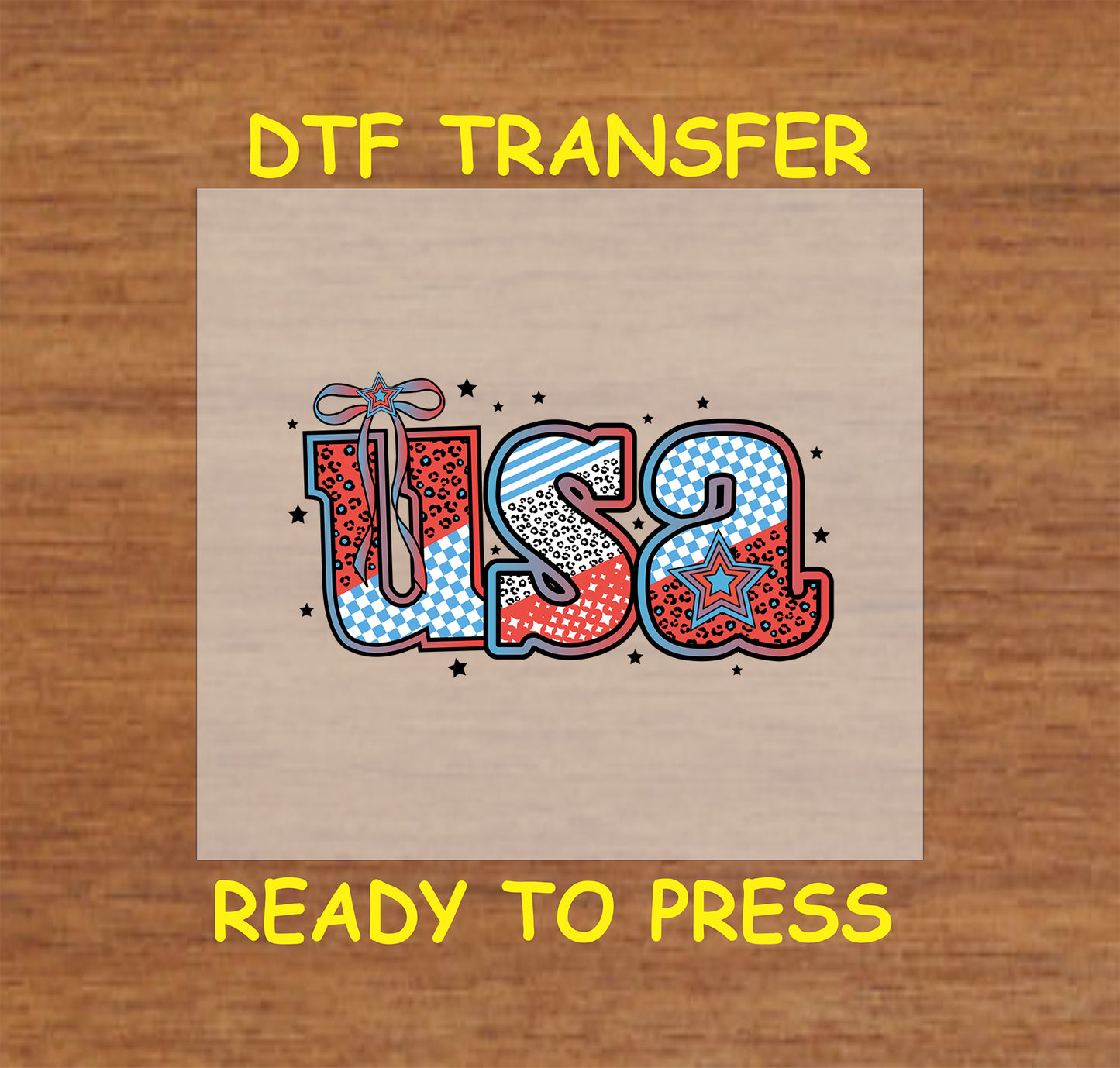 USA patchwork print with bow and red white blue patterns.