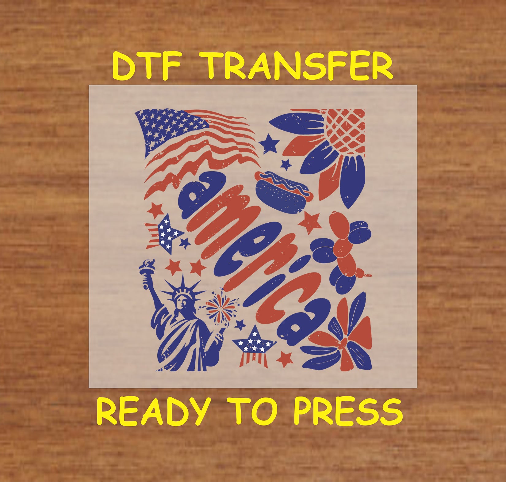 Red and blue America word collage with patriotic icons.