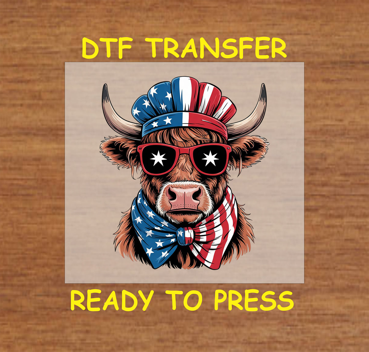 Highland cow with patriotic sunglasses, headband, and USA bandana.