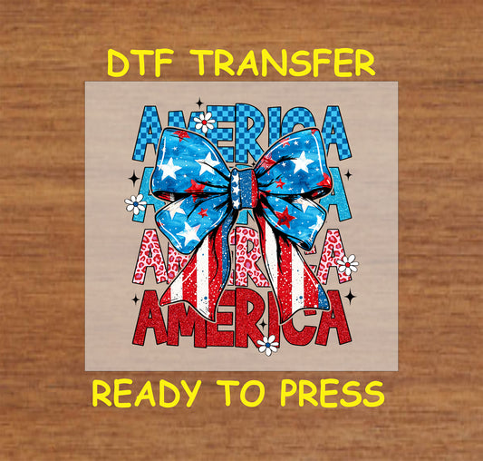 Stacked America text with patriotic bow and patterns in red, white, and blue.