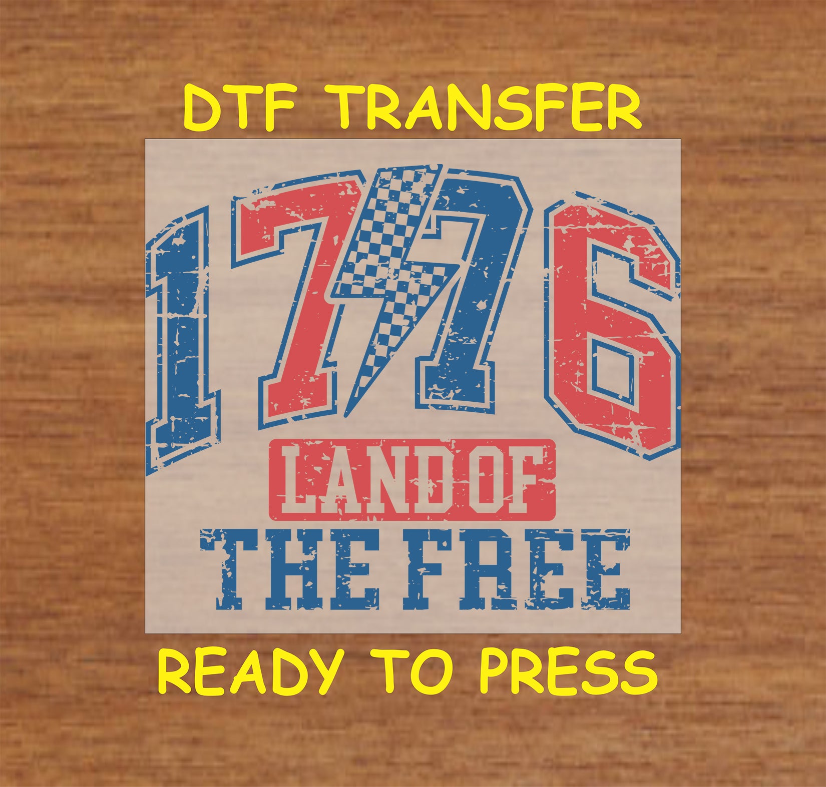 Distressed 1776 Land of the Free with lightning bolt and patriotic colors.