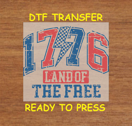 Distressed 1776 Land of the Free with lightning bolt and patriotic colors.