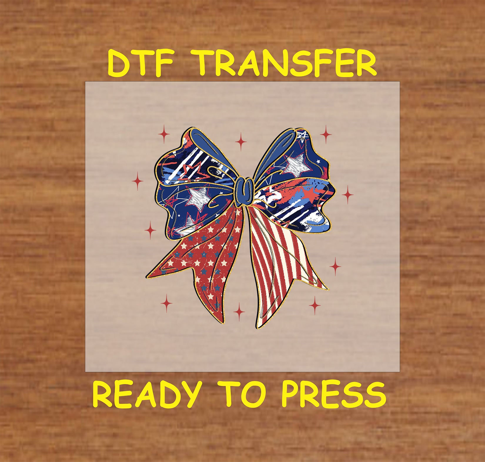 Distressed red, white, and blue bow with stars and stripes.