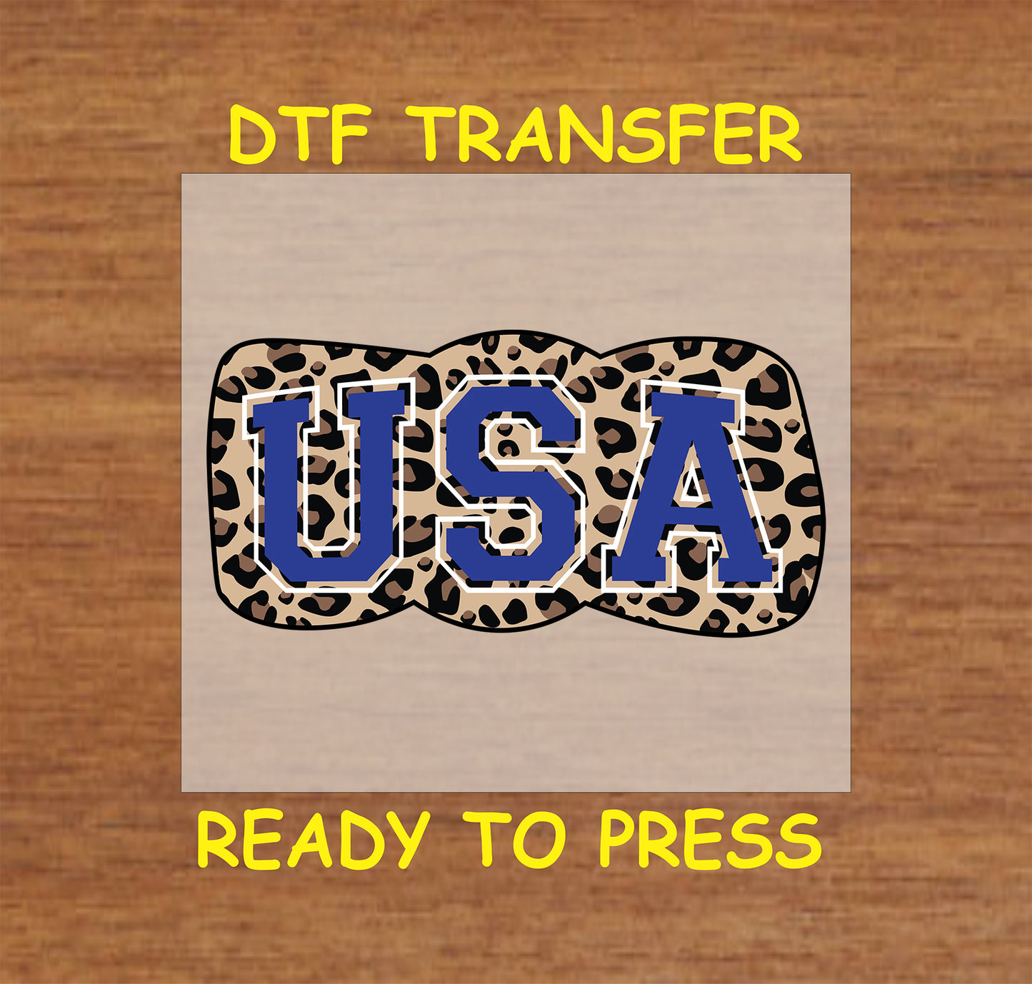 USA lettering on leopard print bow DTF transfer.