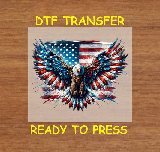 DTF transfer with bald eagle spreading red white and blue wings over grunge American flag background.
