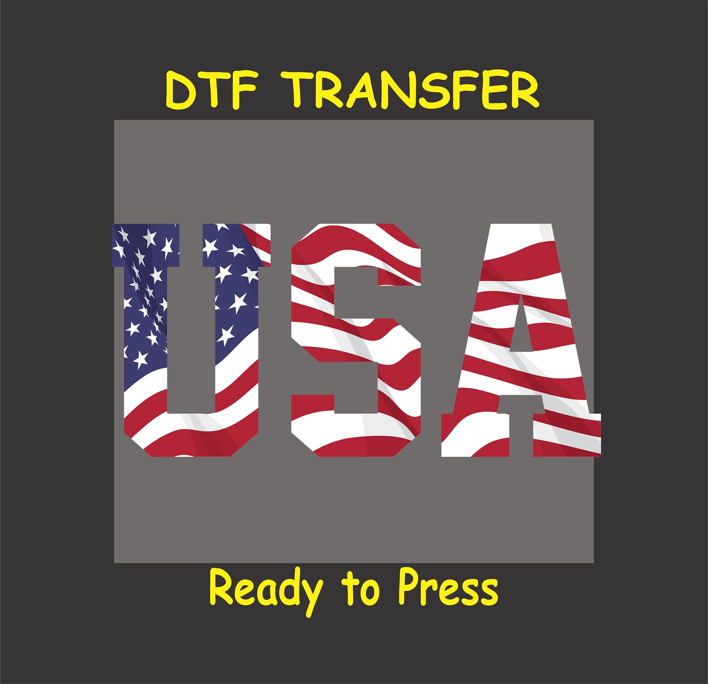 DTF transfer with bold USA text filled with American flag pattern.