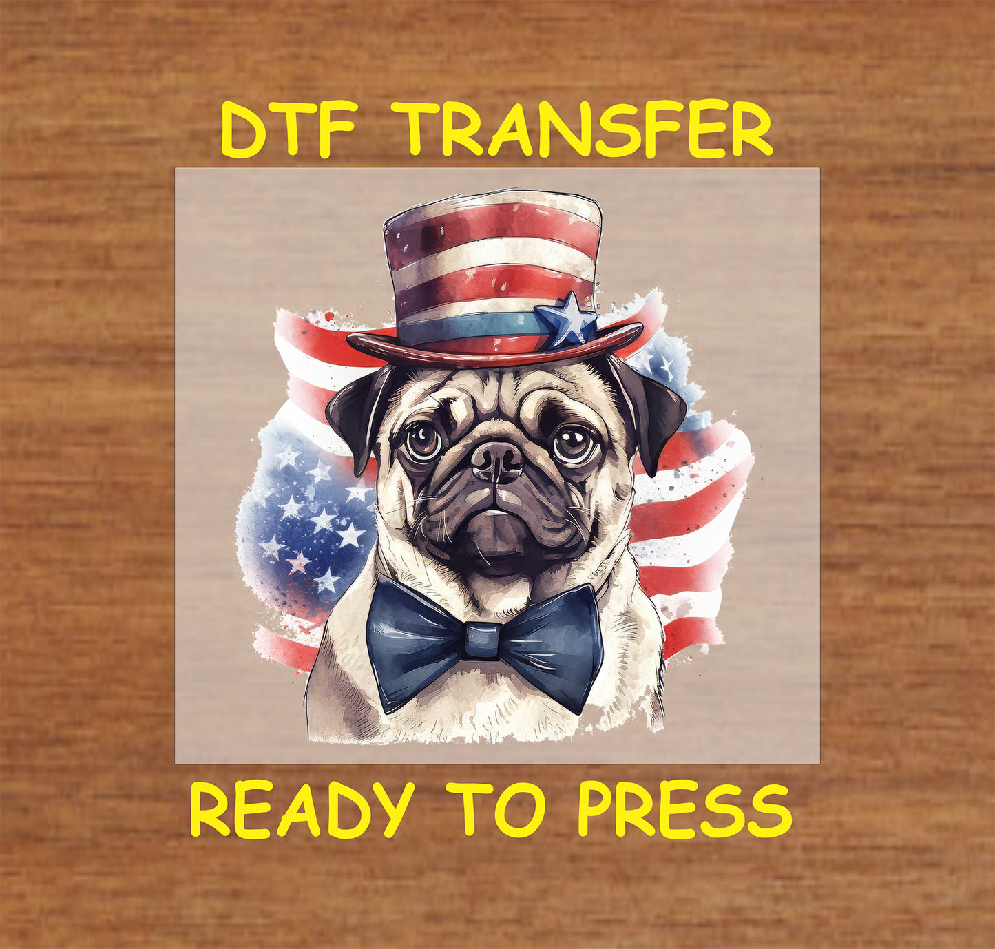 Pug in patriotic hat and navy bow tie DTF transfer.