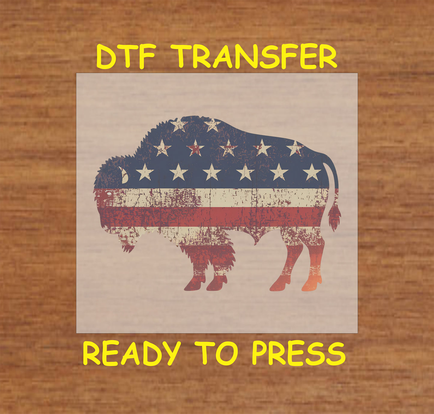 Distressed buffalo silhouette with American flag stars and stripes.