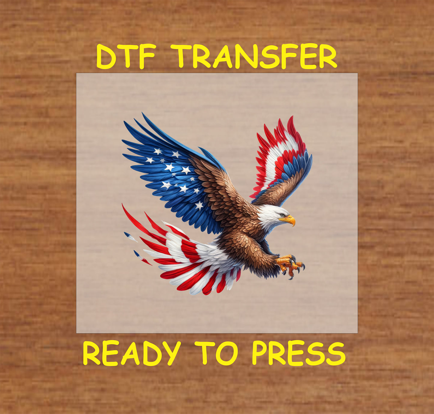 Bald eagle flying with wings in American flag red, white, and blue.