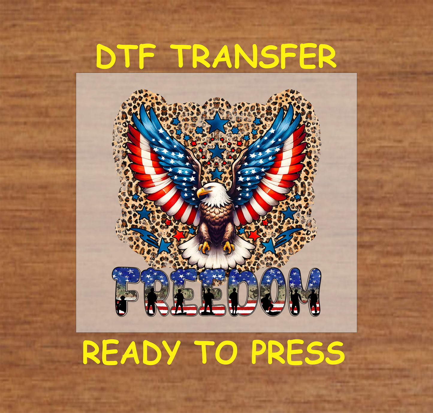 Freedom eagle DTF transfer with flag wings, leopard print background, and patriotic stars.