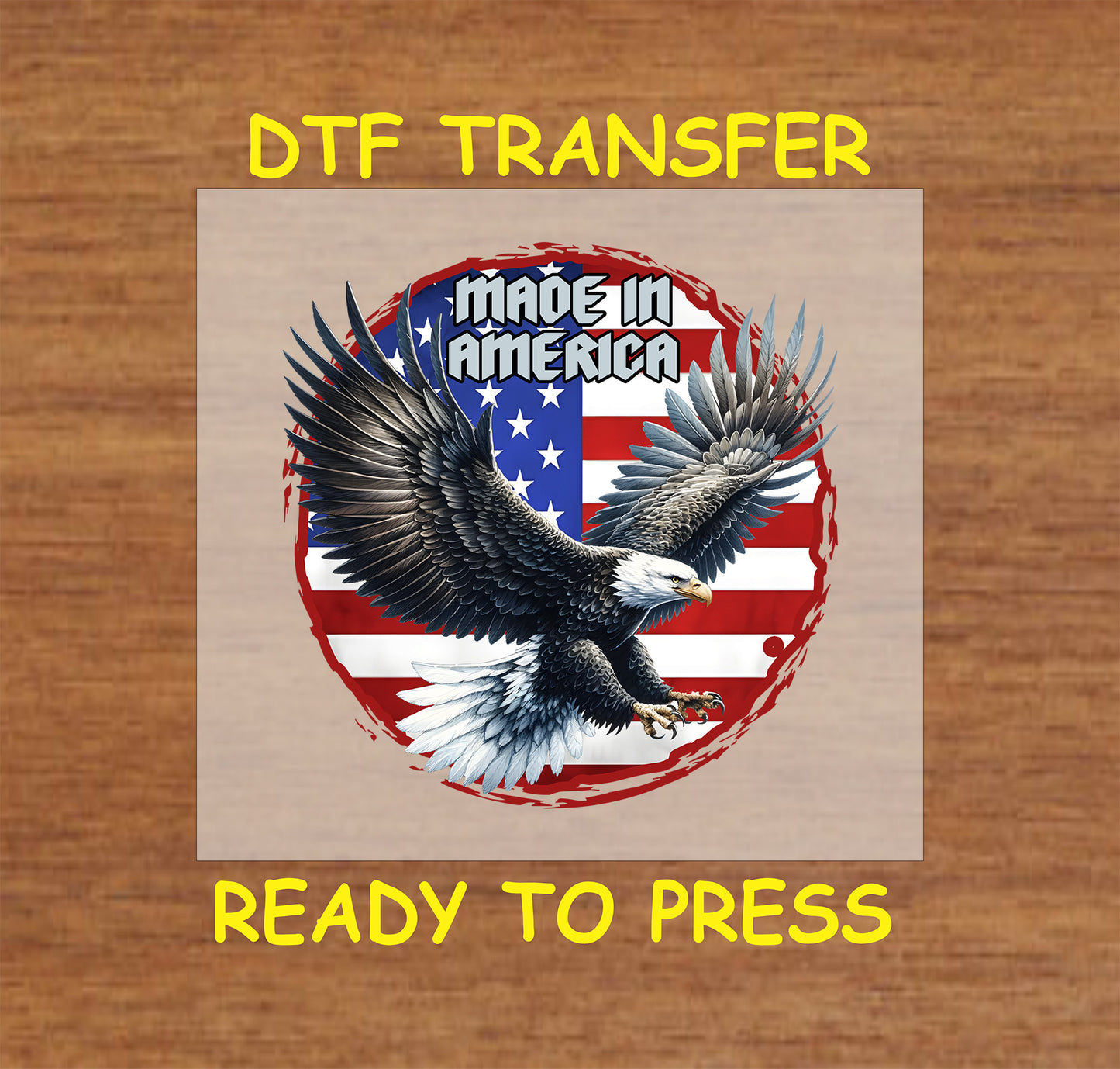 Flying eagle with Made in America text over distressed American flag circle.