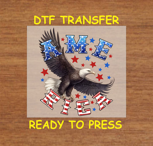 DTF transfer with bald eagle and America text in red, white, and blue with stars.