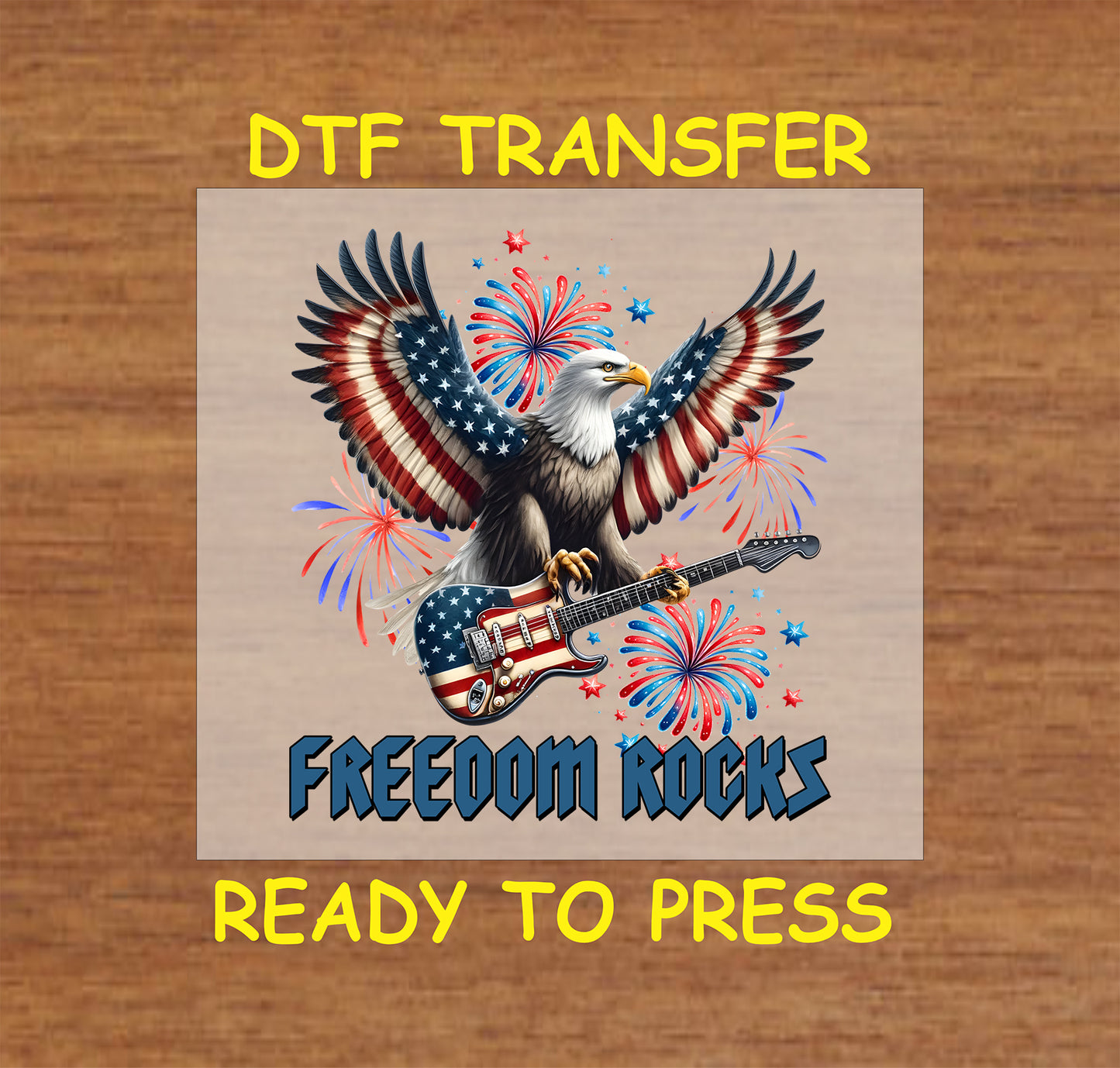 Eagle with American flag wings holding guitar and surrounded by fireworks with Freedom Rocks text.