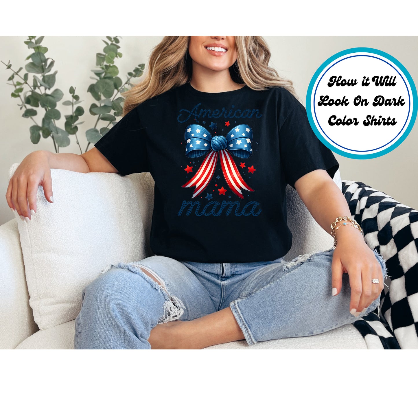 4th Of July DTF Transfer Iron On Heat Transfer - Ready to Press, American Mama Bow DTF Transfer 7892