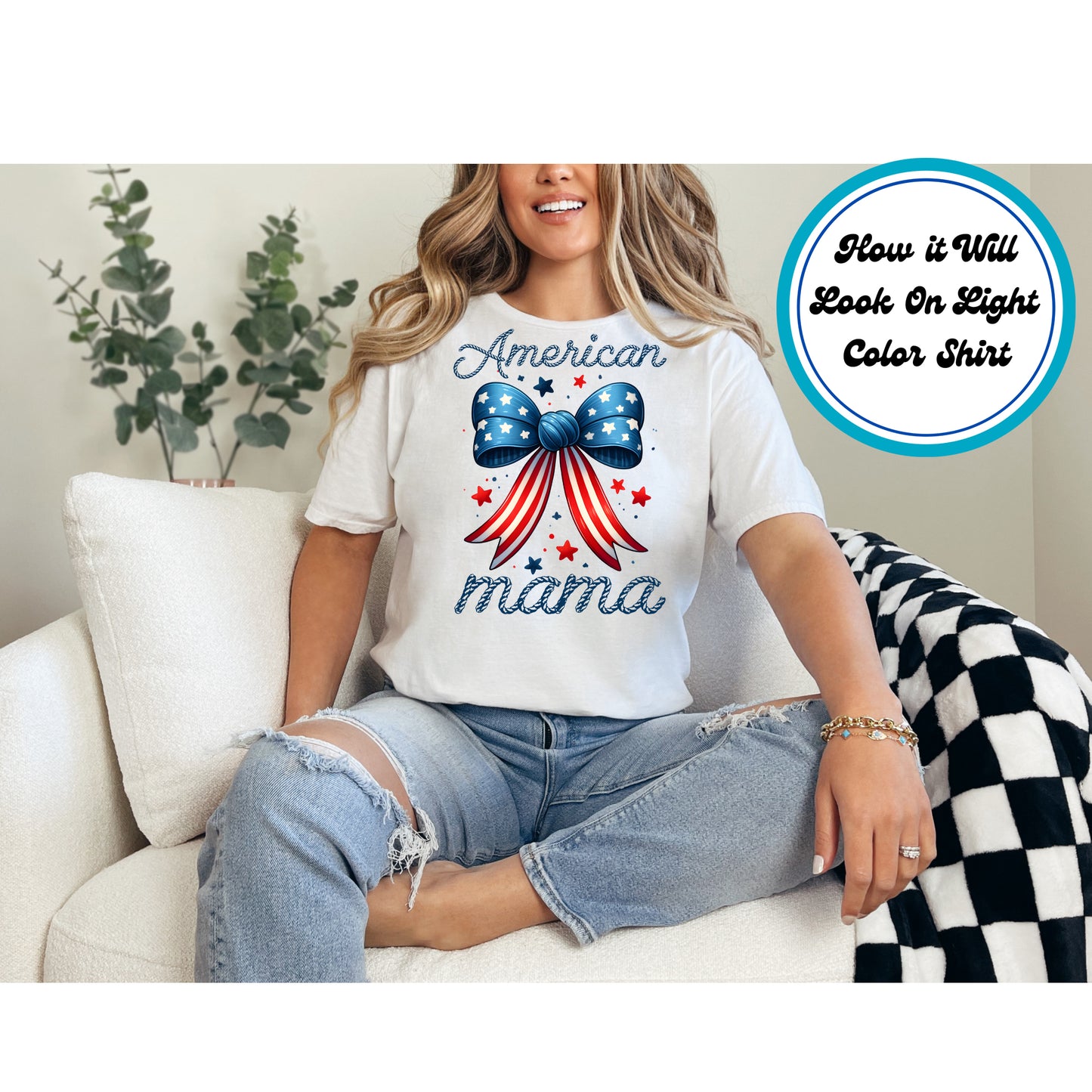 4th Of July DTF Transfer Iron On Heat Transfer - Ready to Press, American Mama Bow DTF Transfer 7892