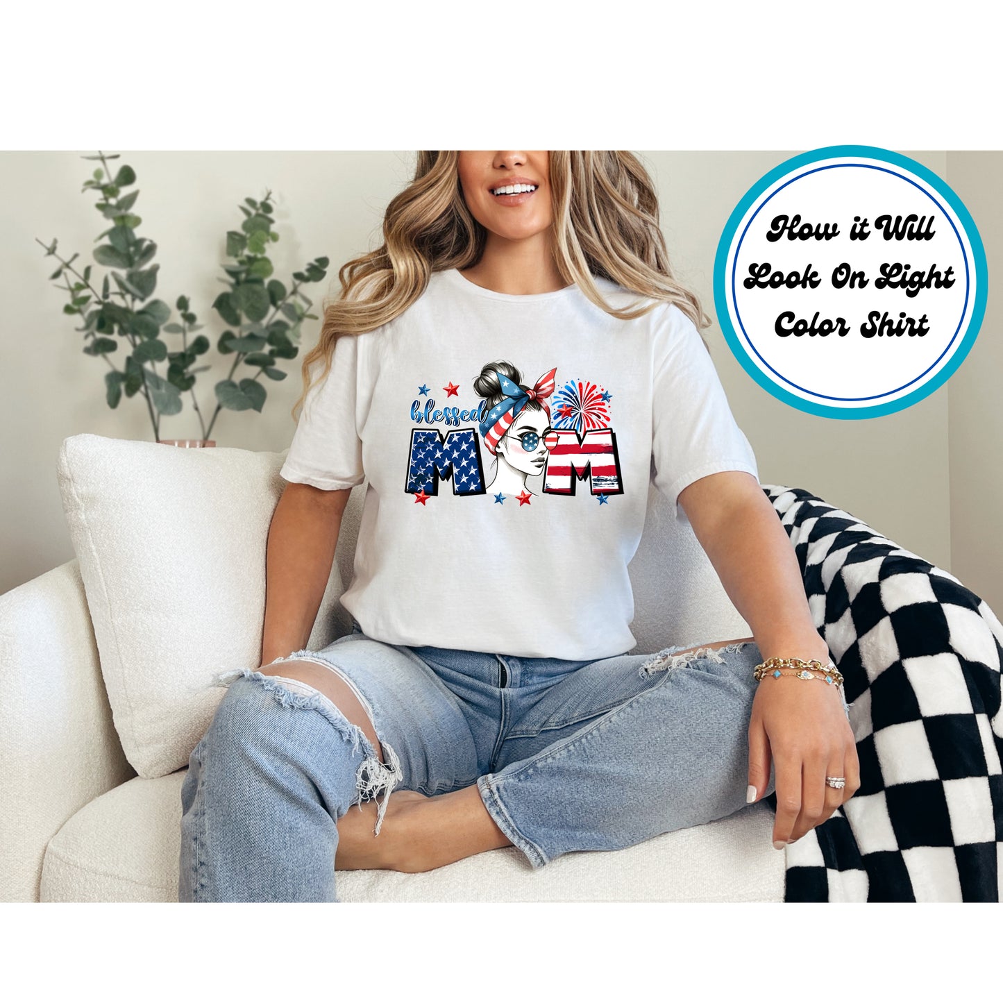 4th Of July DTF Transfer Iron On Heat Transfer - Ready to Press, Blessed Mom Fireworks DTF Transfer 7906