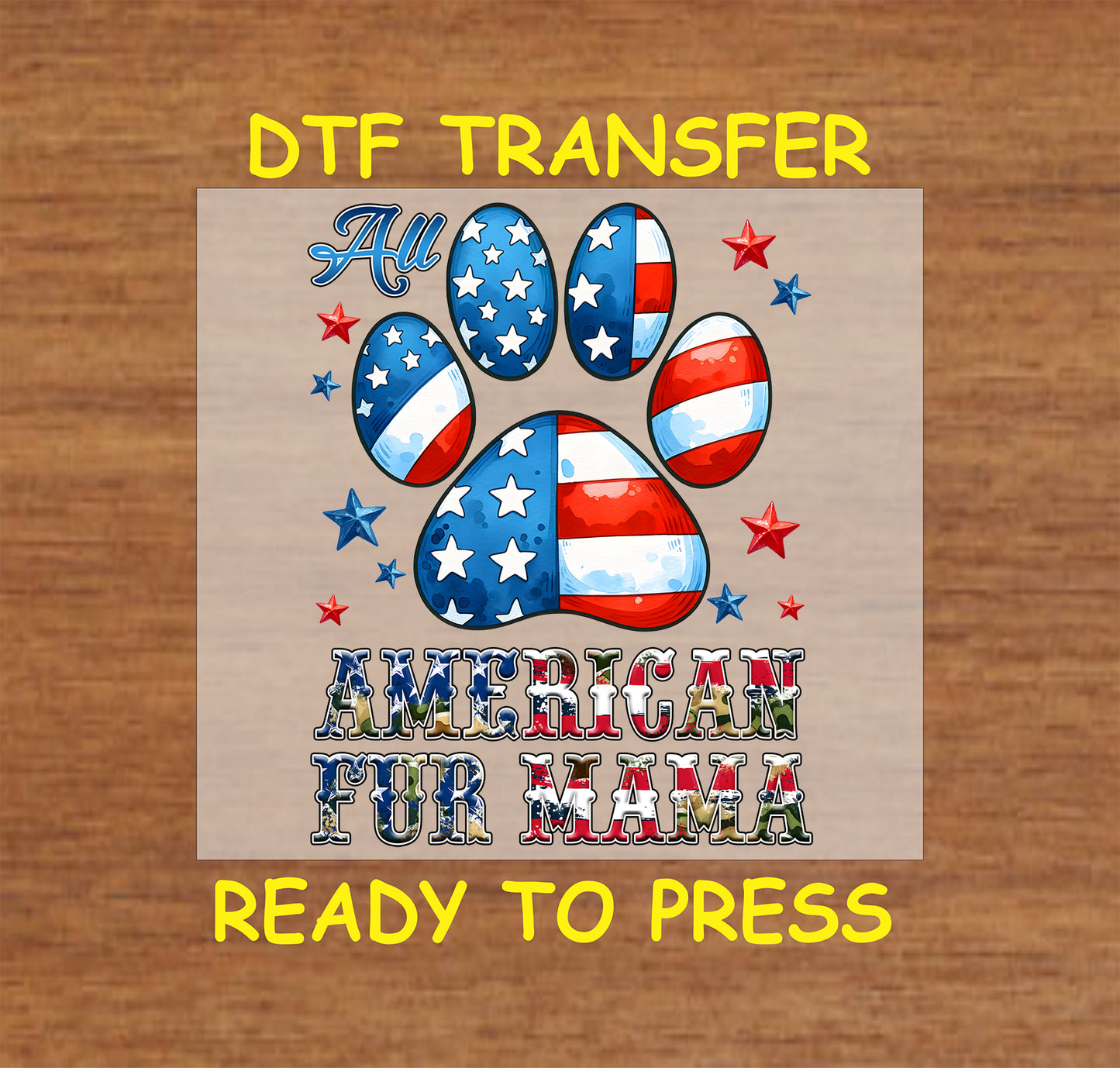 Patriotic paw print with stars and stripes and All American Fur Mama text.