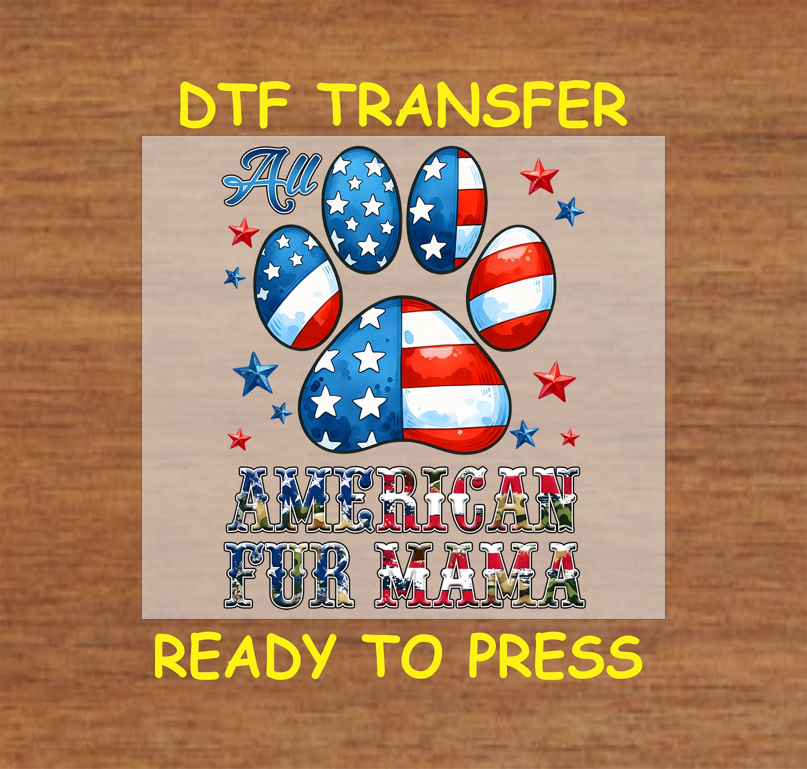 Patriotic paw print with stars and stripes and All American Fur Mama text.