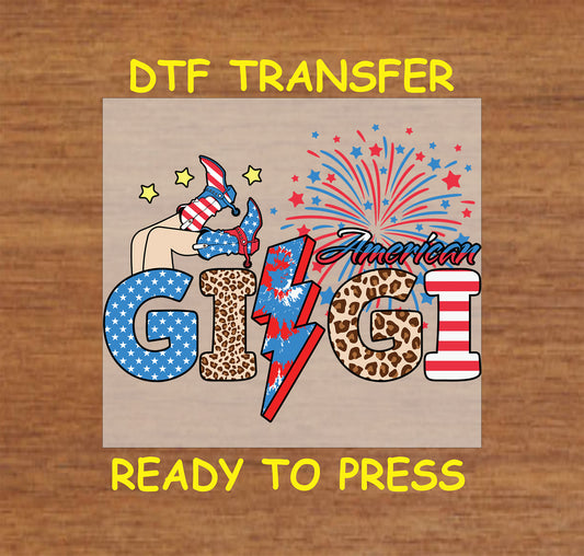 DTF transfer with American Gigi text, fireworks, patriotic heels, and leopard print letters.