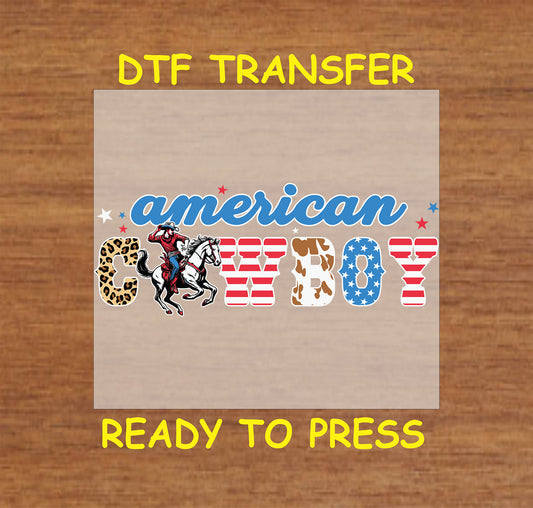 DTF transfer with American Cowboy text in patriotic and animal prints, cowboy rider graphic.