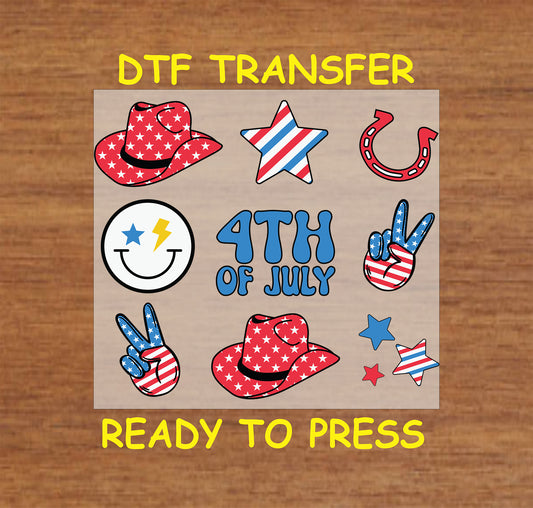 DTF transfer with red hats, peace signs, stars, smiley, and 4th of July text