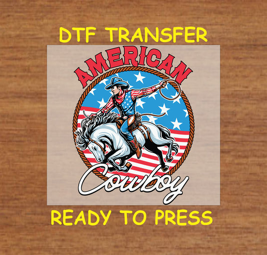 DTF transfer of cowboy riding horse with American flag background.
