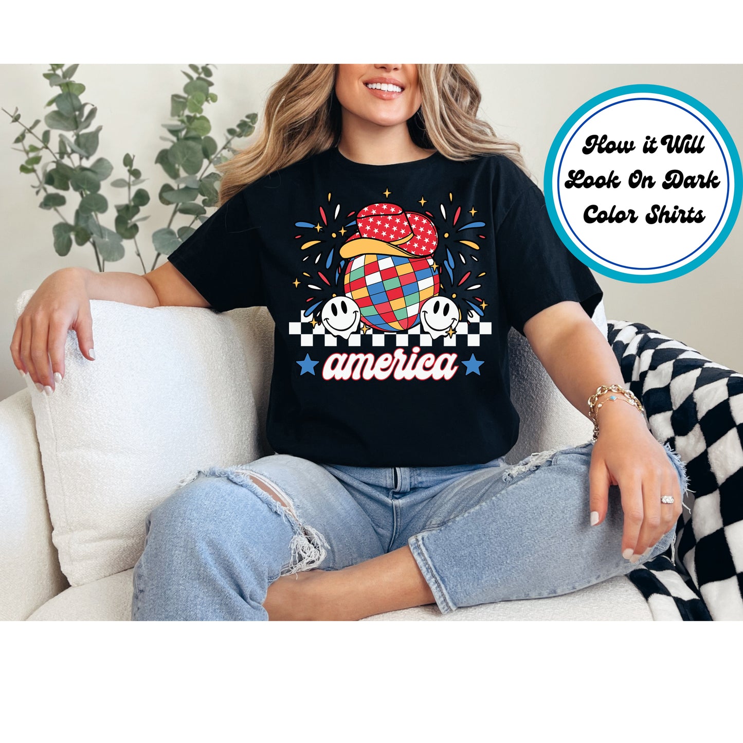 4th Of July DTF Transfer Iron On Heat Transfer - Ready to Press, Retro America Disco Ball DTF Transfer 7953