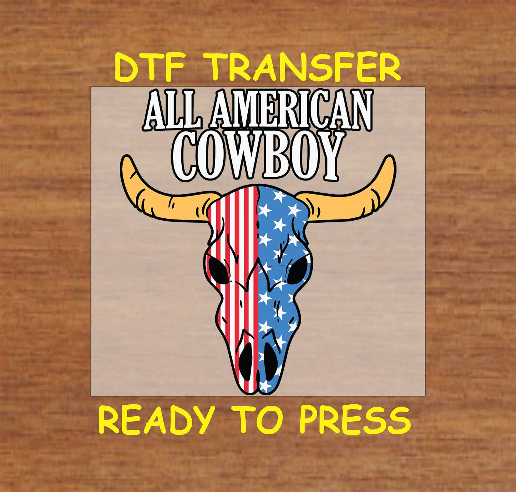 All American cowboy DTF transfer with patriotic bull skull in red, white, and blue.