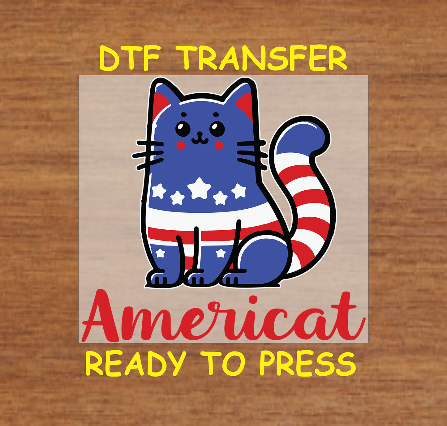 Americat patriotic cat in red, white, and blue for Fourth of July DTF transfer.