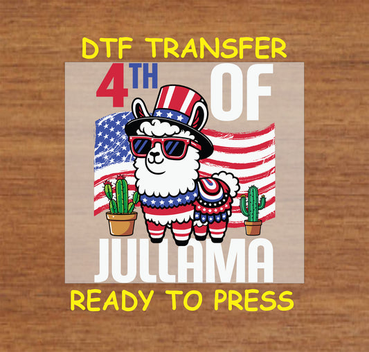 Llama in patriotic outfit with flag and cacti, text reads 4th of JuLlama.