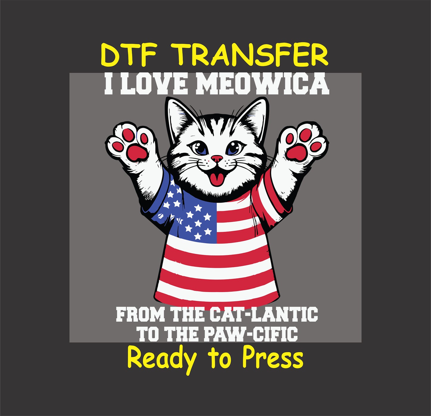 Patriotic cat in USA shirt with raised paws and text I Love Meowica.