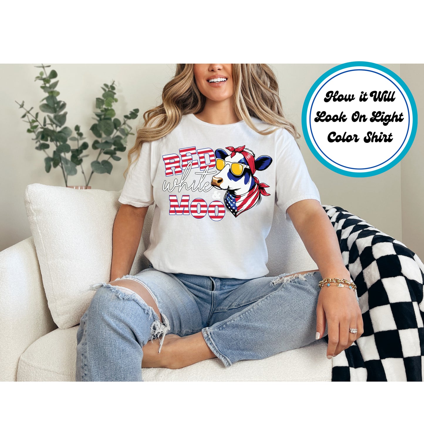4th Of July DTF Transfer Iron On Heat Transfer - Ready to Press, Red White and Moo DTF Transfer 7983
