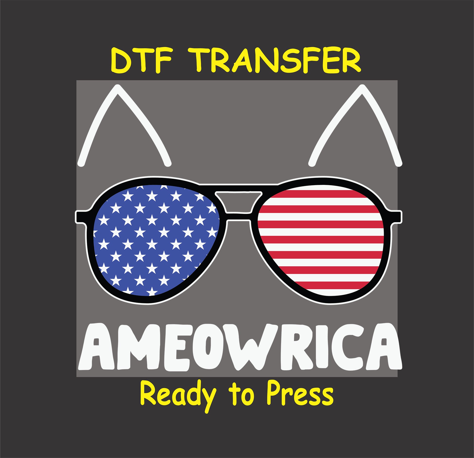 Cat ears and sunglasses with American flag design and text Ameowrica.