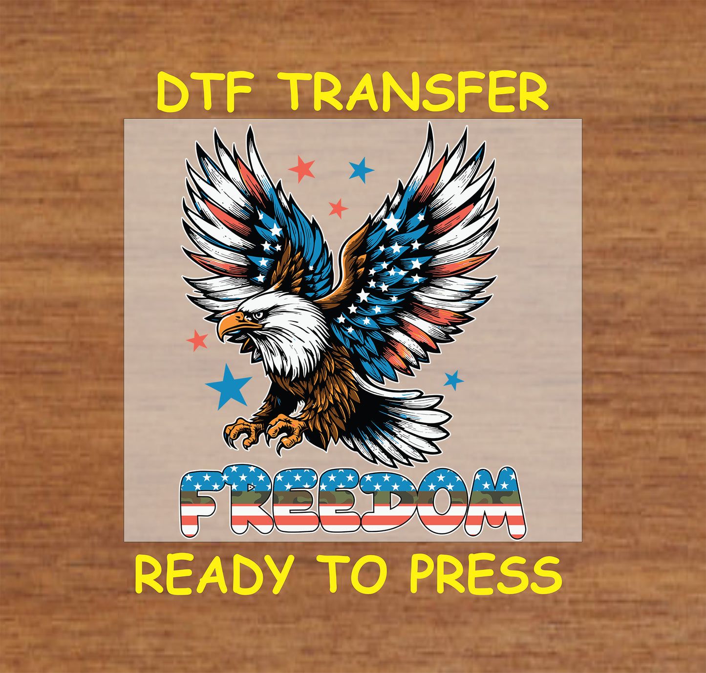 Flying bald eagle with patriotic wings and bold FREEDOM text in stars and stripes.