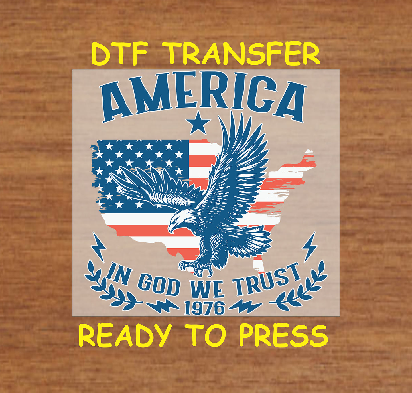 Flying eagle over USA map with American flag and In God We Trust 1976 text.