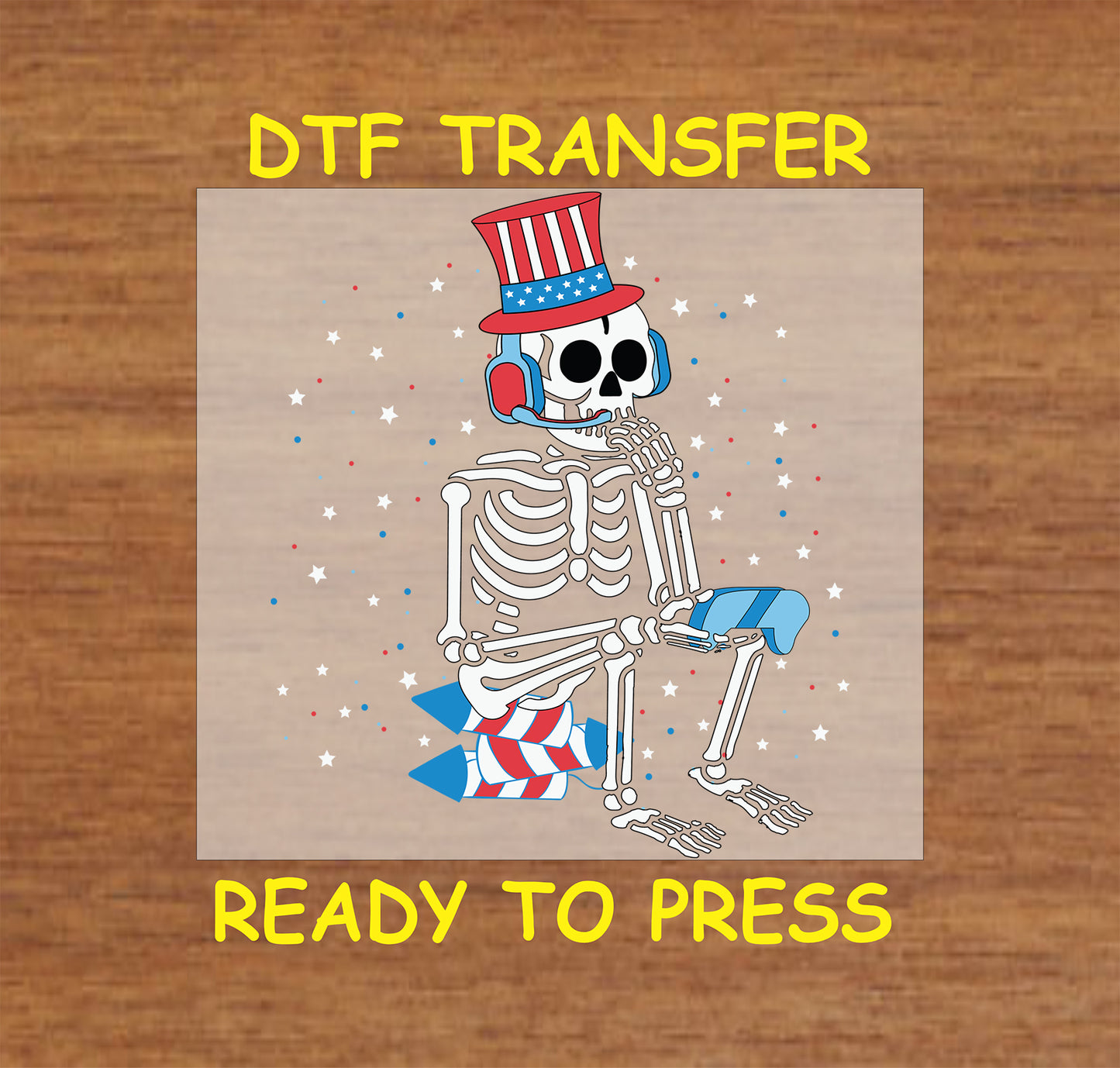 Skeleton wearing patriotic hat sitting on a firework.