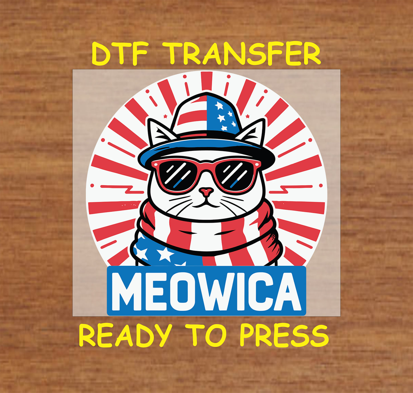 Patriotic cat with USA scarf and hat labeled Meowica.