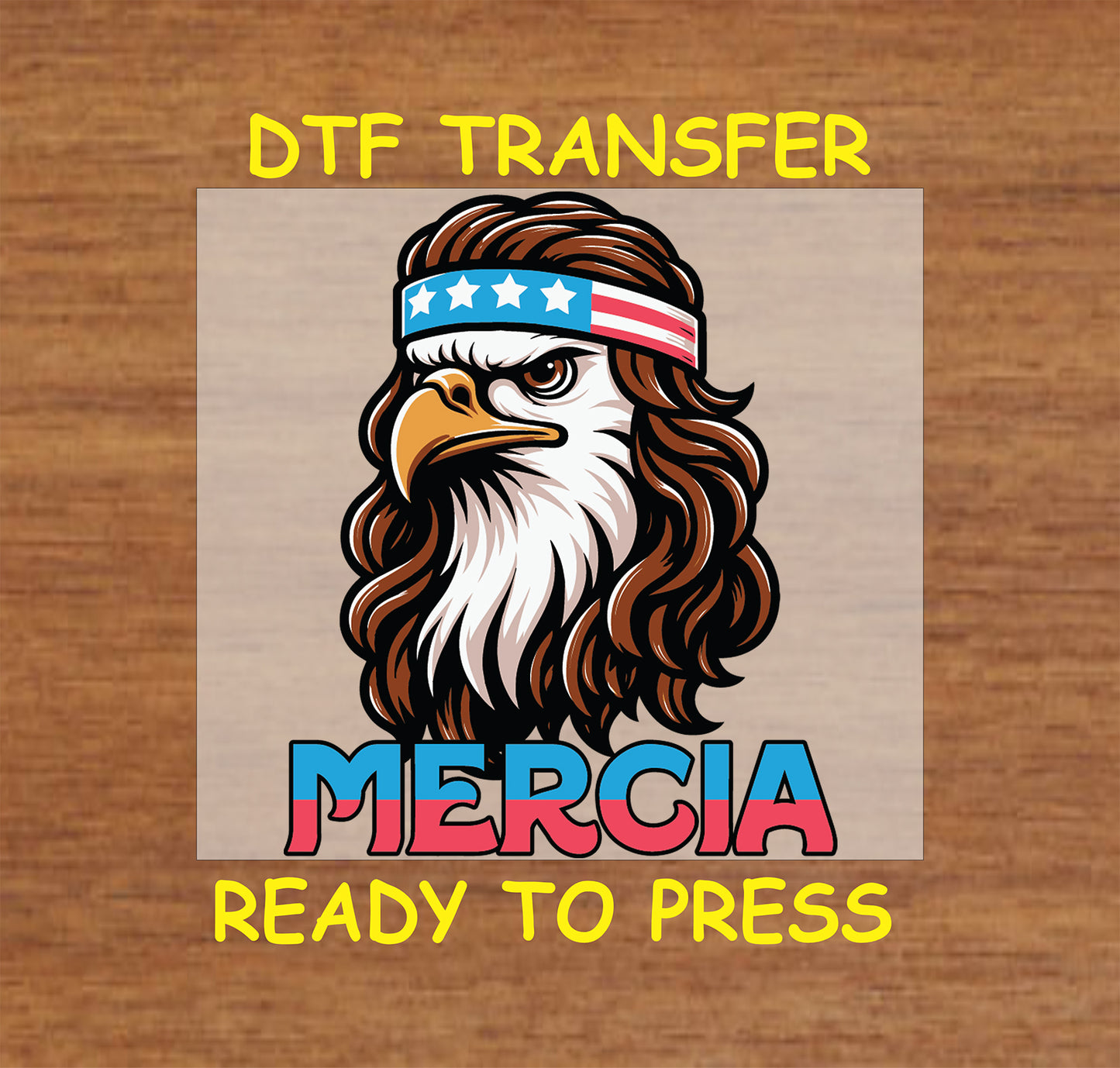Retro eagle with long hair and patriotic headband over Mercia text.