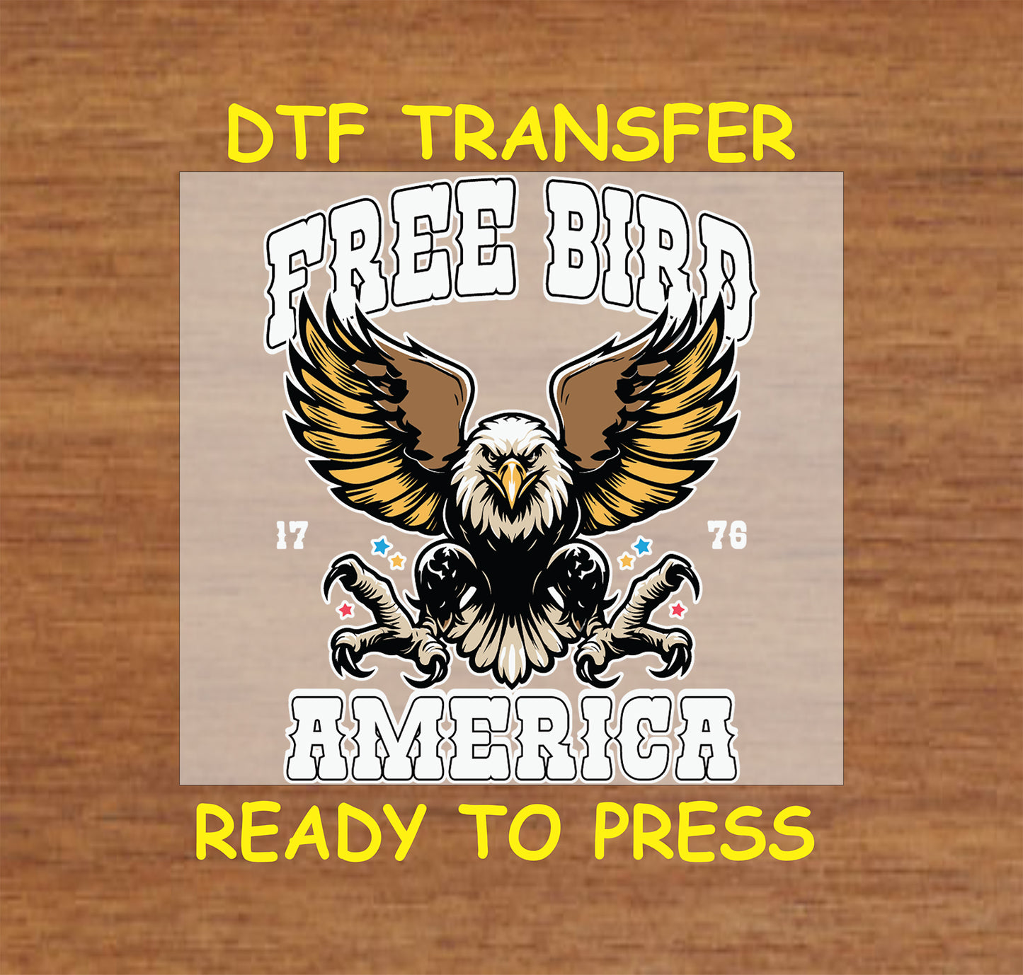 Flying bald eagle with text Free Bird America and 1776 year.