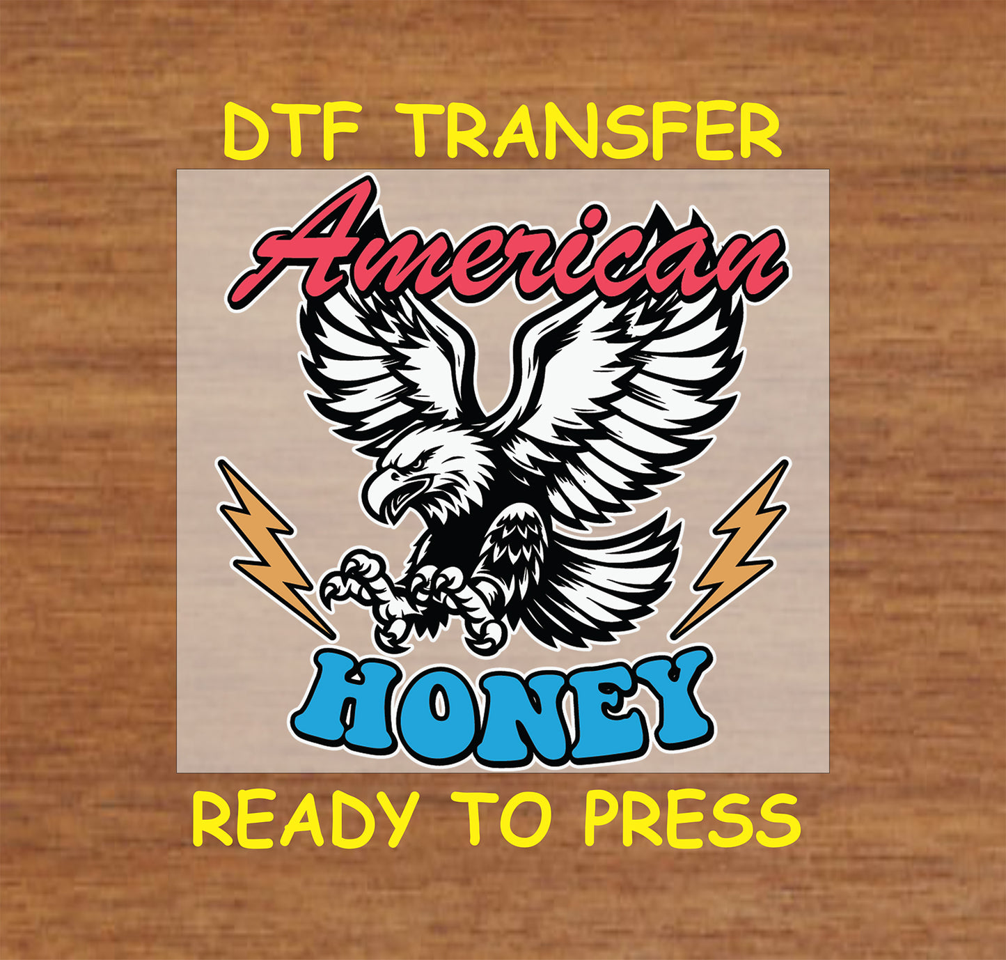 Eagle with lightning bolts and text American Honey in patriotic colors.