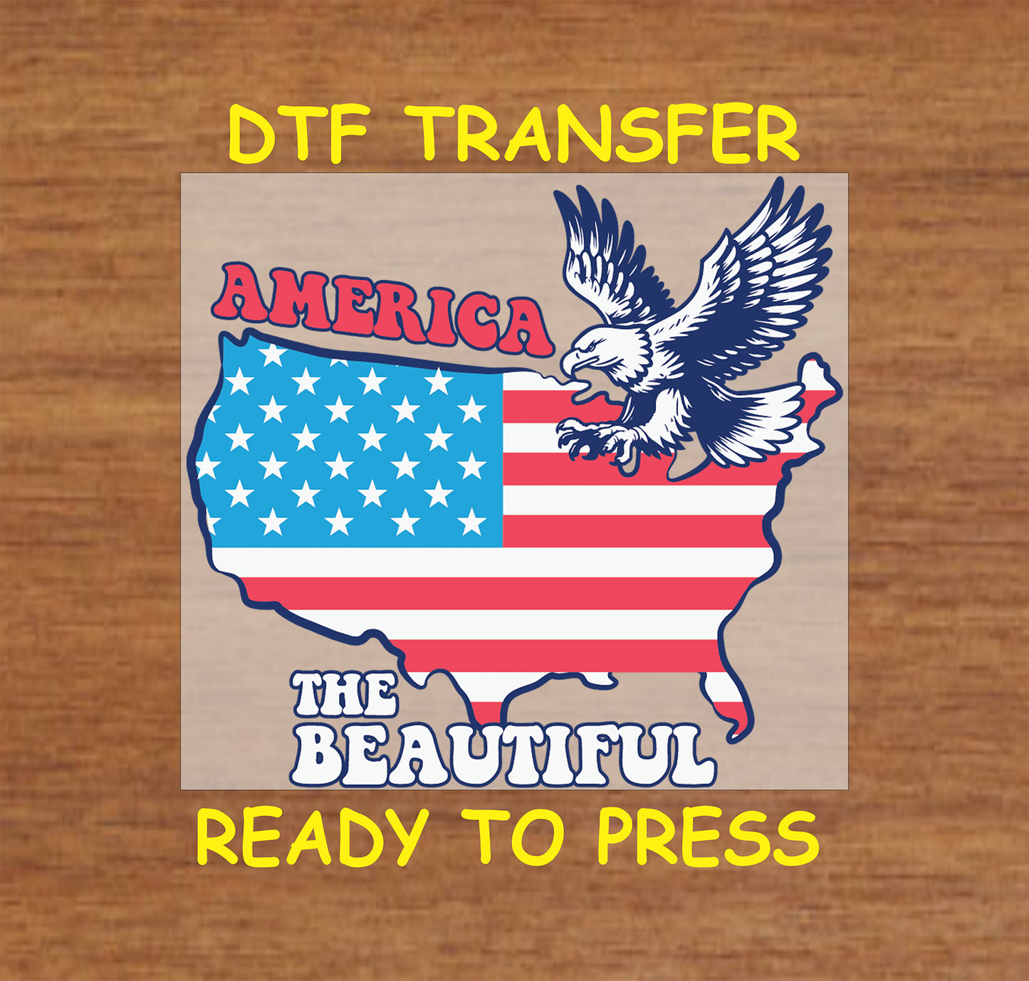 Eagle flying over patriotic USA map with text America the Beautiful