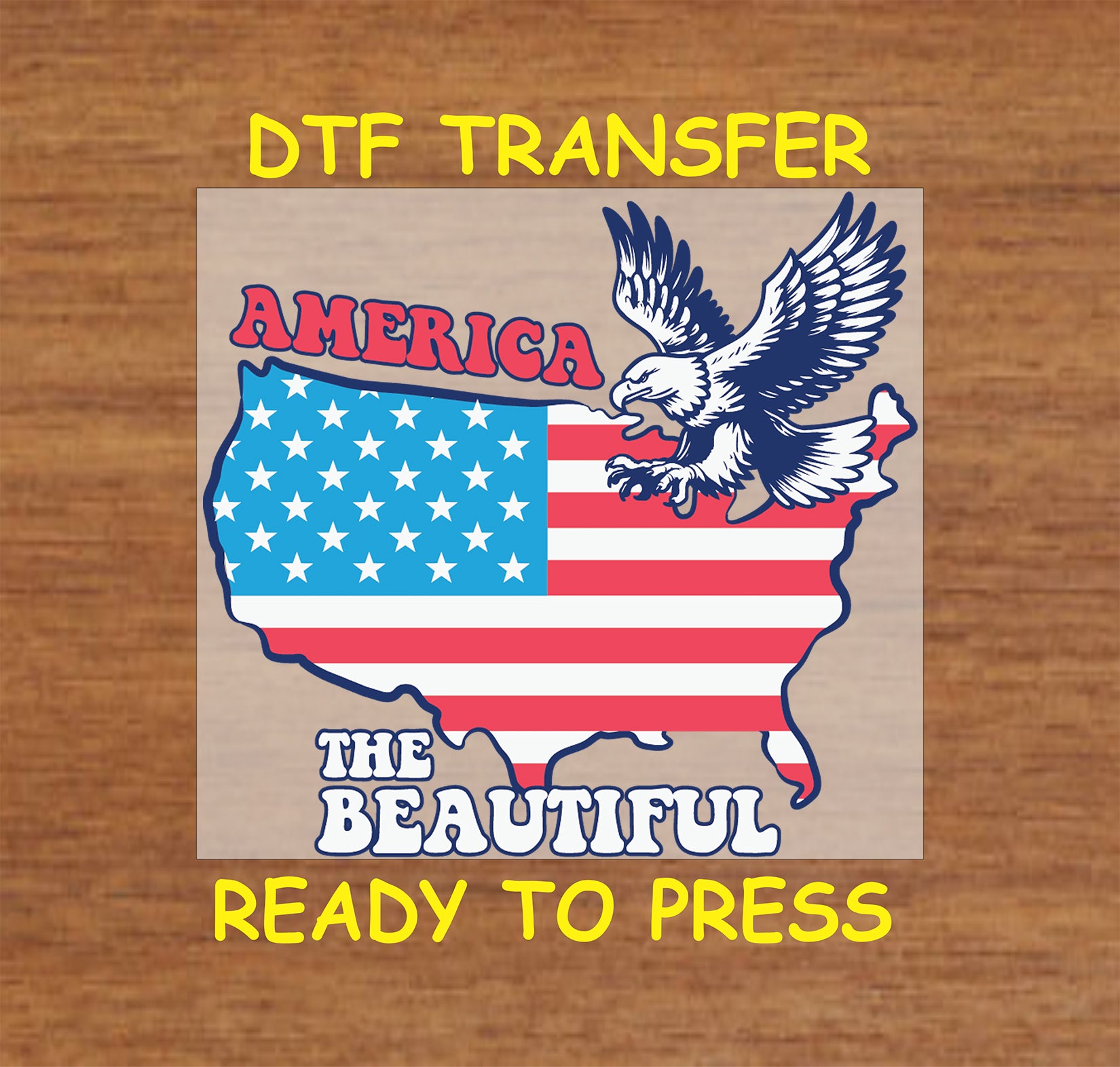 Eagle flying over patriotic USA map with text America the Beautiful