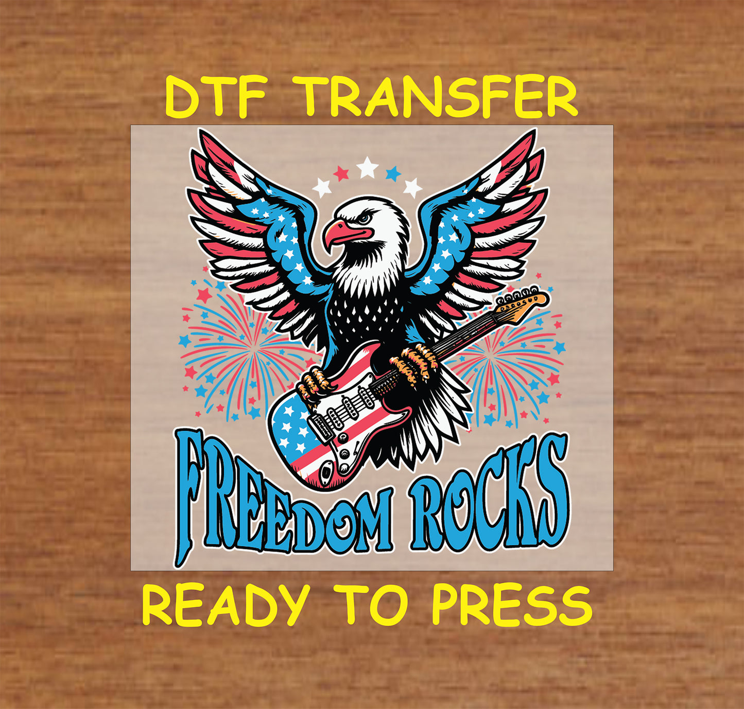 Patriotic eagle holding guitar with fireworks and Freedom Rocks text.