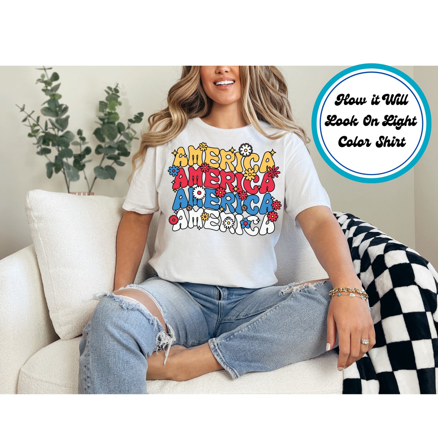 4th Of July DTF Transfer Iron On Heat Transfer - Ready to Press, Groovy Stacked America DTF Transfer 8077