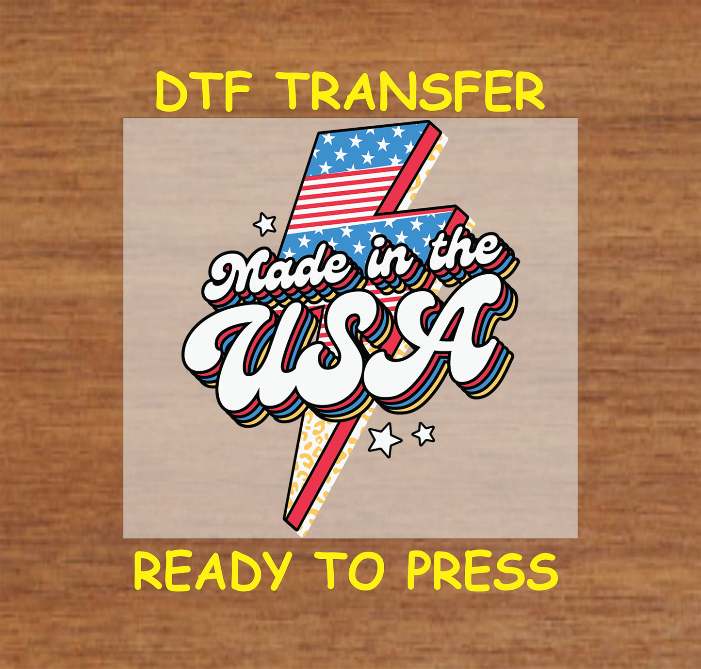 DTF transfer with Made in the USA text over red, white, and blue lightning bolt.