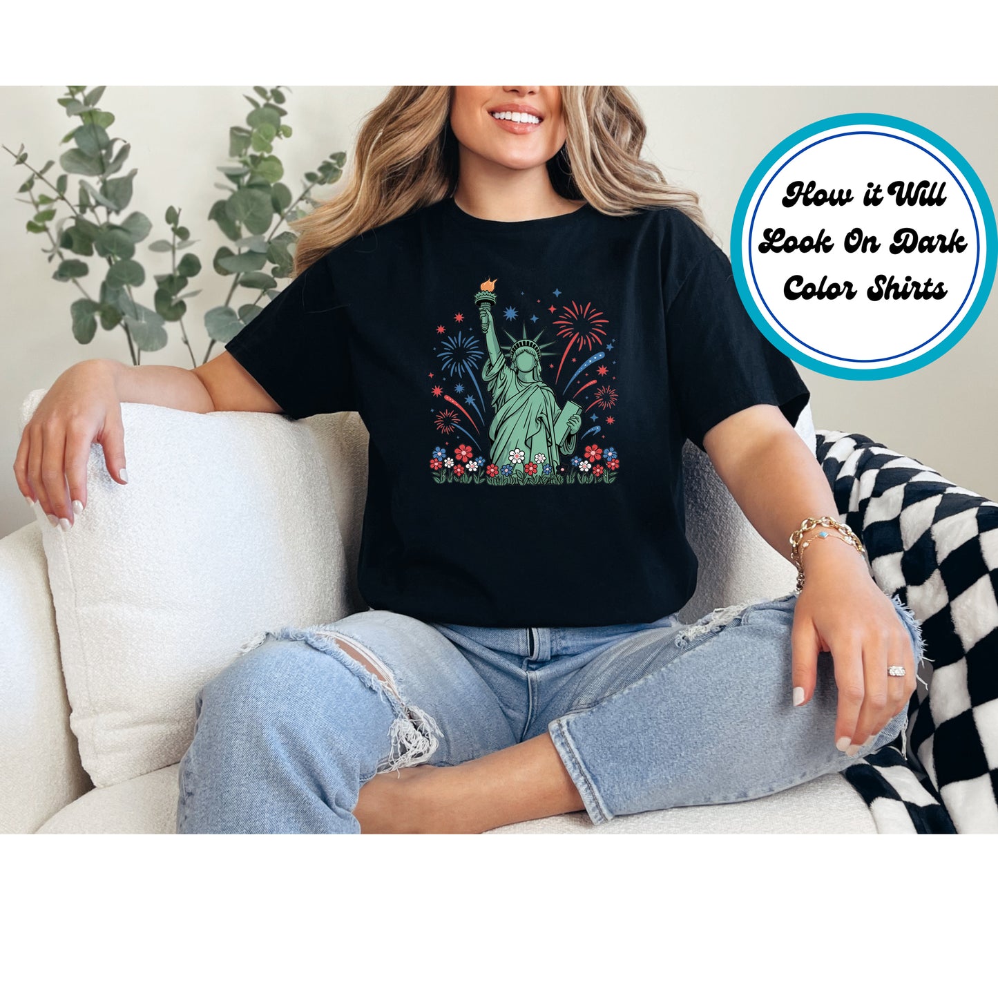 4th Of July DTF Transfer Iron On Heat Transfer - Ready to Press, Statue of Liberty Fireworks DTF Transfer 8090