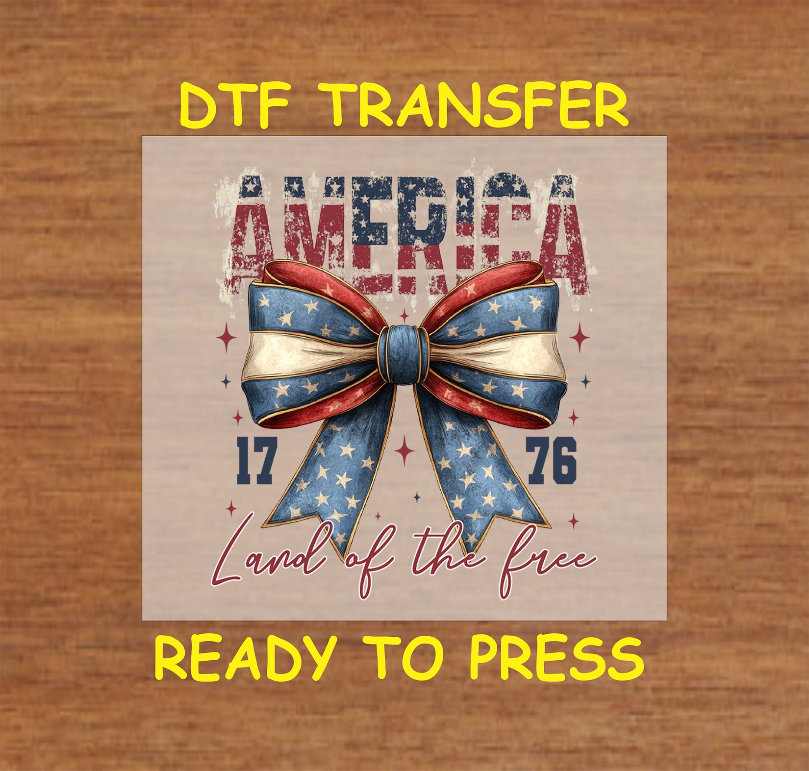 Vintage bow with America 1776 and Land of the Free DTF transfer.