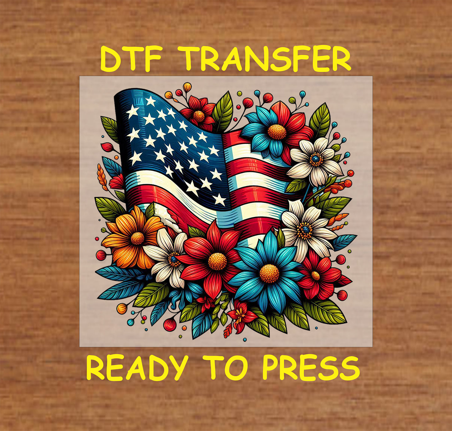 American flag with red white blue and yellow flowers.